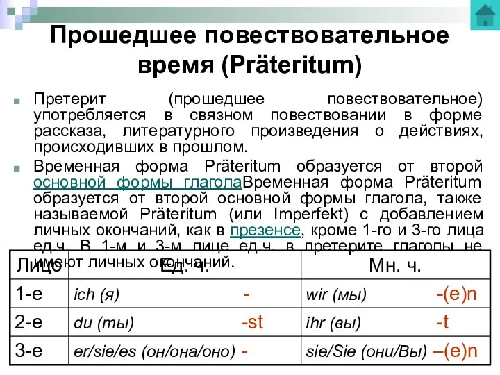 Прошедшее повествовательное время (Präteritum) Претерит (прошедшее повествовательное) употребляется в связном повествовании