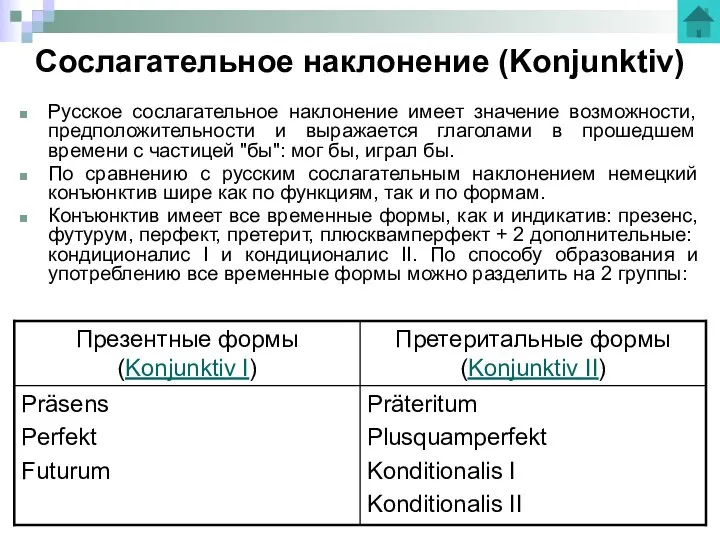 Сослагательное наклонение (Konjunktiv) Русское сослагательное наклонение имеет значение возможности, предположительности и