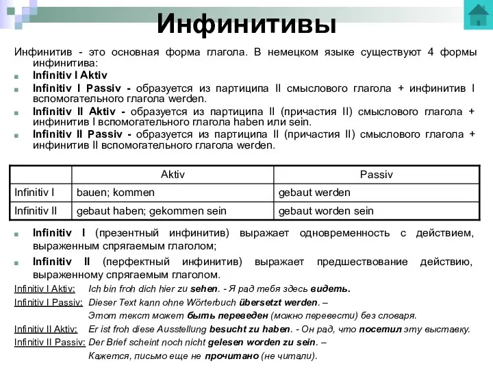 Инфинитивы Инфинитив - это основная форма глагола. В немецком языке существуют