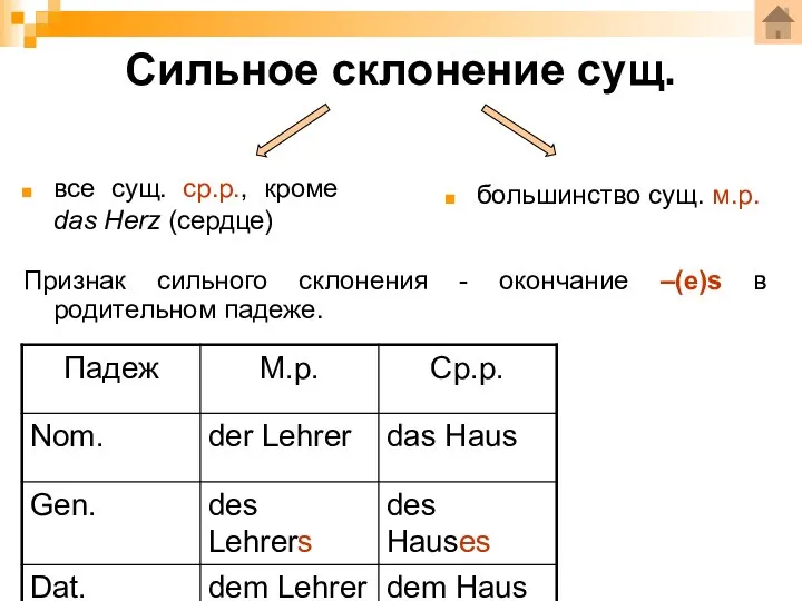 Сильное склонение сущ. все сущ. ср.р., кроме das Herz (сердце) большинство