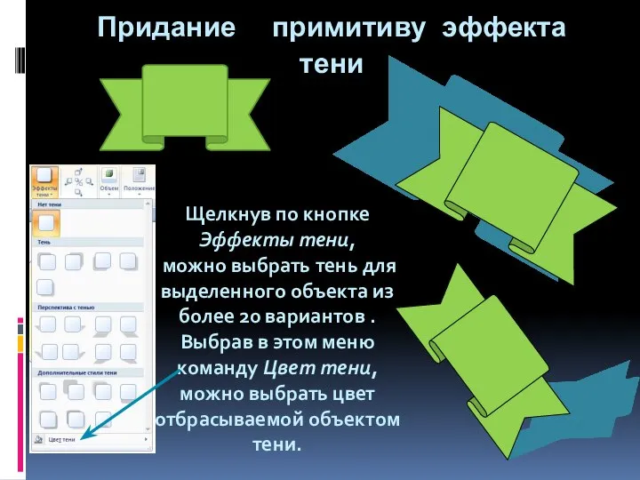 Придание примитиву эффекта тени Щелкнув по кнопке Эффекты тени, можно выбрать