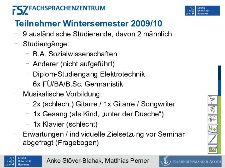 Teilnehmer Wintersemester 2009/10 9 ausländische Studierende, davon 2 männlich Studiengänge: B.A.