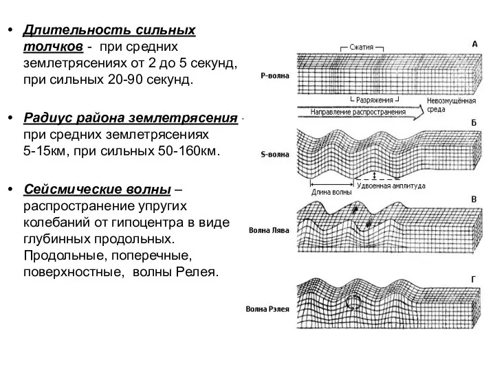 Длительность сильных толчков - при средних землетрясениях от 2 до 5