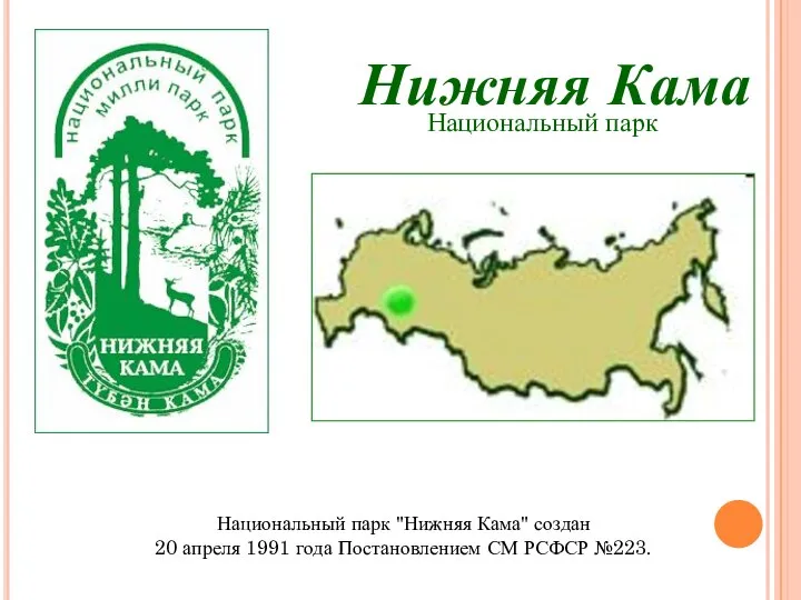 Национальный парк Национальный парк "Нижняя Кама" создан 20 апреля 1991 года