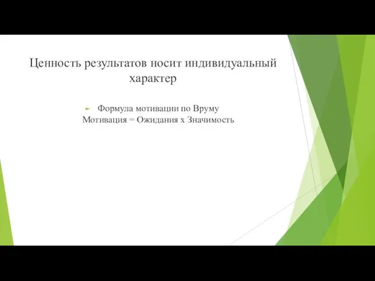 Ценность результатов носит индивидуальный характер Формула мотивации по Вруму Мотивация = Ожидания х Значимость