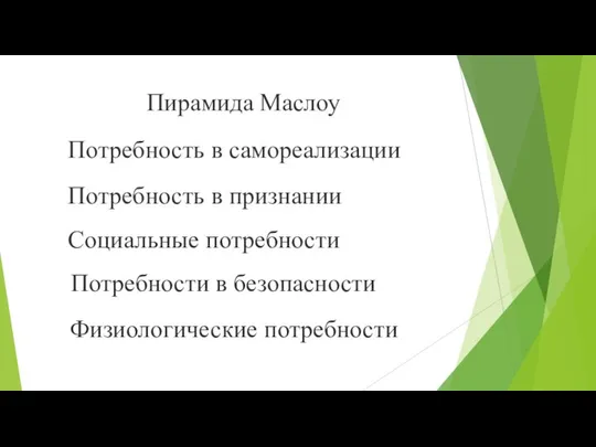 Пирамида Маслоу Потребность в самореализации Потребность в признании Социальные потребности Потребности в безопасности Физиологические потребности