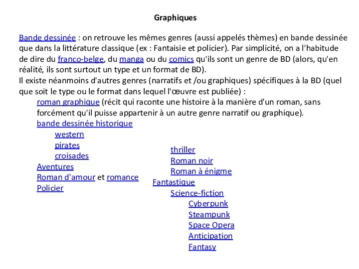 Graphiques Bande dessinée : on retrouve les mêmes genres (aussi appelés