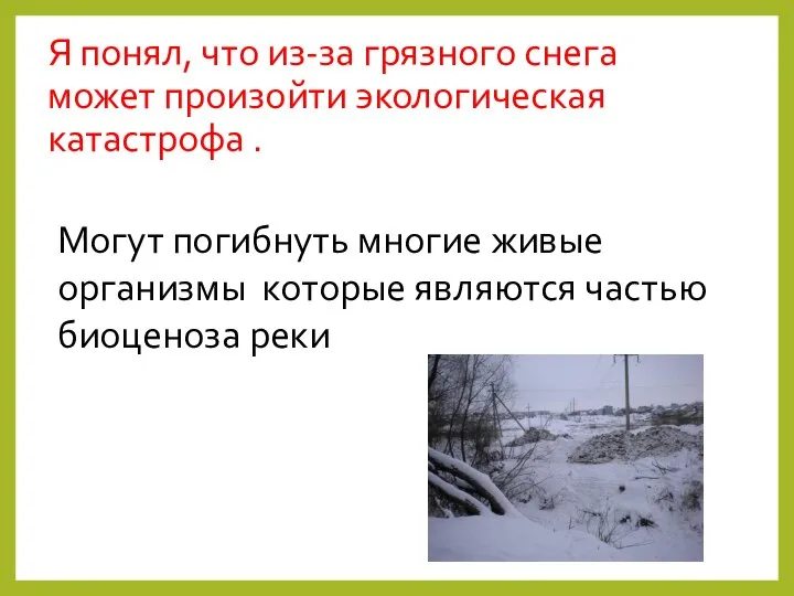 Я понял, что из-за грязного снега может произойти экологическая катастрофа .