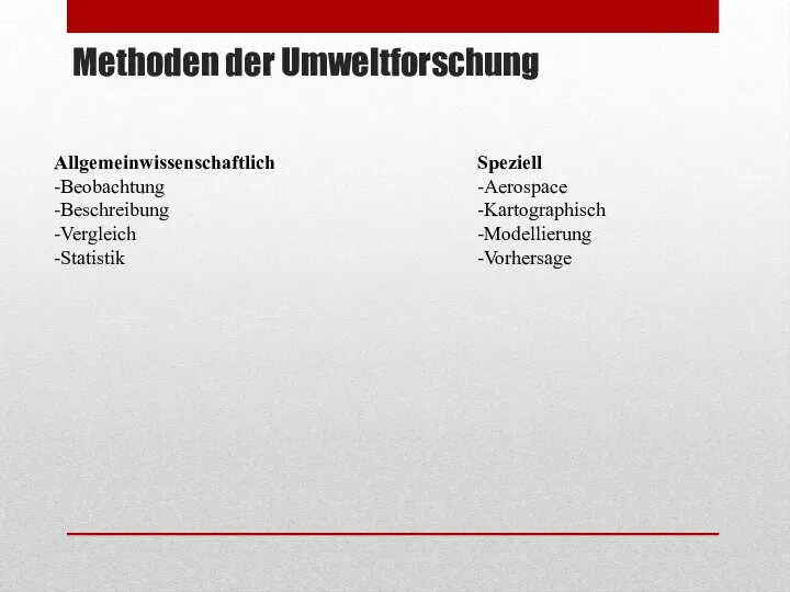 Methoden der Umweltforschung Allgemeinwissenschaftlich -Beobachtung -Beschreibung -Vergleich -Statistik Speziell -Aerospace -Kartographisch -Modellierung -Vorhersage