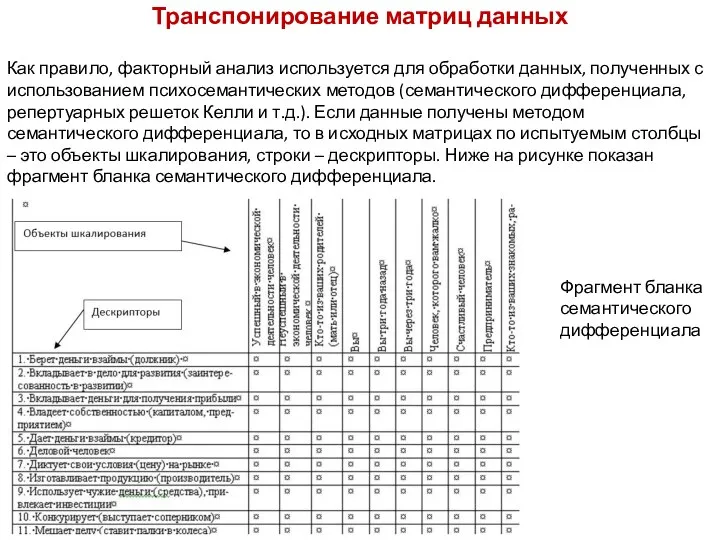 Транспонирование матриц данных Как правило, факторный анализ используется для обработки данных,