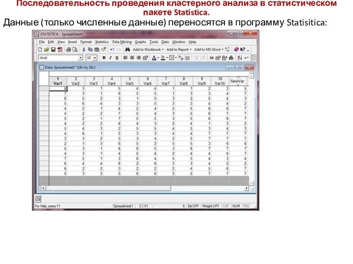 Последовательность проведения кластерного анализа в статистическом пакете Statistica. Данные (только численные данные) переносятся в программу Statisitica: