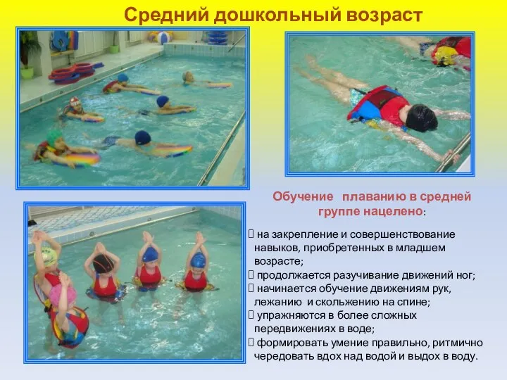 Средний дошкольный возраст Обучение плаванию в средней группе нацелено: на закрепление