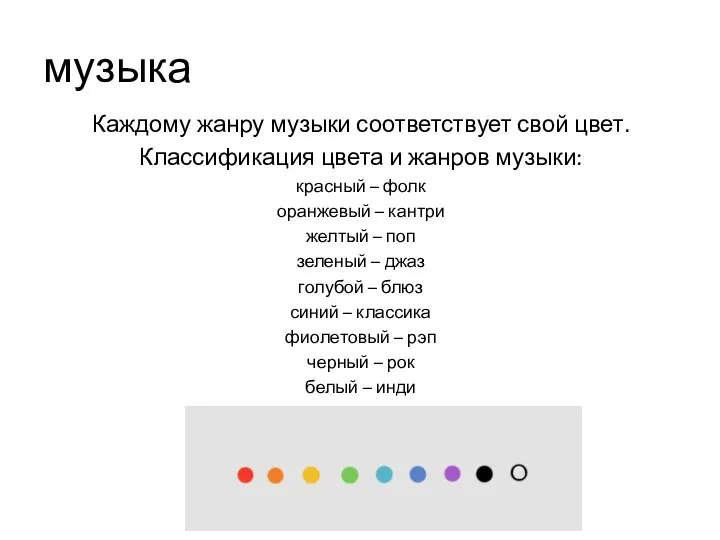 музыка Каждому жанру музыки соответствует свой цвет. Классификация цвета и жанров