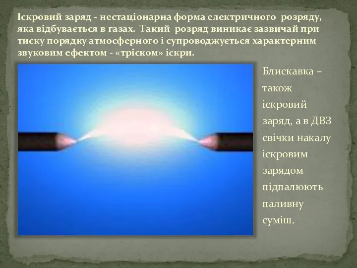 Іскровий заряд - нестаціонарна форма електричного розряду, яка відбувається в газах.