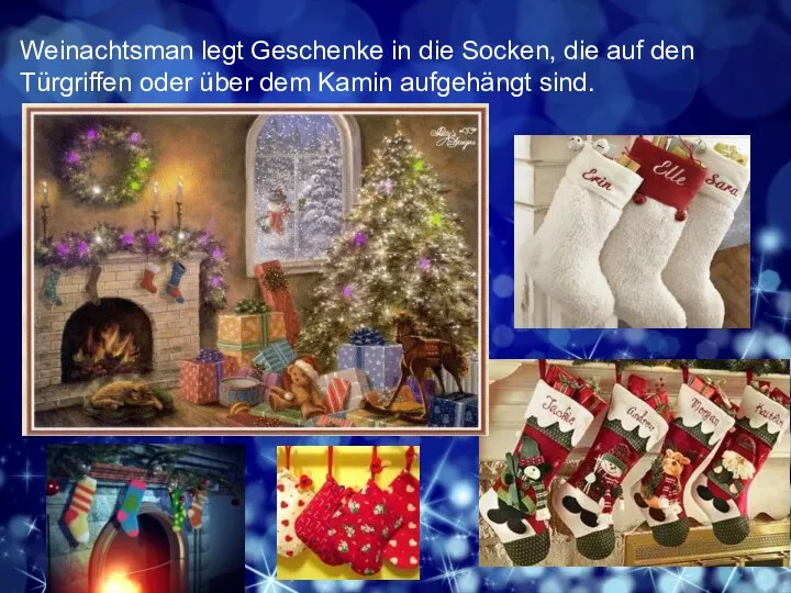 Weinachtsman legt Geschenke in die Socken, die auf den Türgriffen oder über dem Kamin aufgehängt sind.