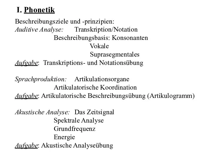 Beschreibungsziele und -prinzipien: Auditive Analyse: Transkription/Notation Beschreibungsbasis: Konsonanten Vokale Suprasegmentales Aufgabe: