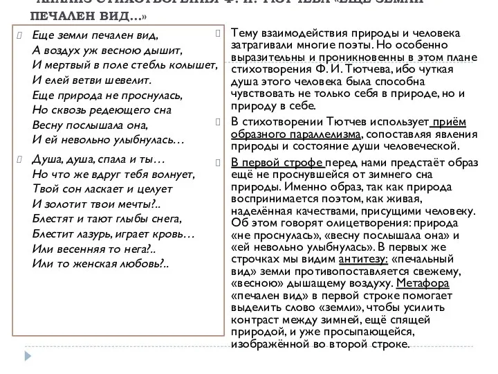 АНАЛИЗ СТИХОТВОРЕНИЯ Ф. И. ТЮТЧЕВА «ЕЩЁ ЗЕМЛИ ПЕЧАЛЕН ВИД...» Еще земли