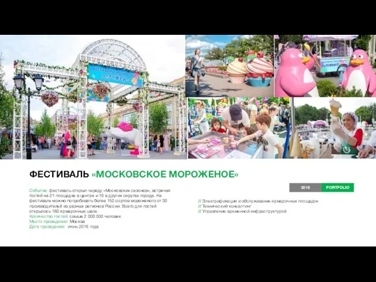 ФЕСТИВАЛЬ «МОСКОВСКОЕ МОРОЖЕНОЕ» Событие: фестиваль открыл череду «Московских сезонов», встречая гостей