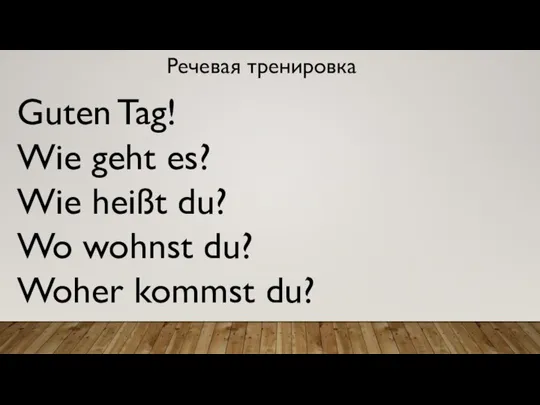 Речевая тренировка Guten Tag! Wie geht es? Wie heißt du? Wo wohnst du? Woher kommst du?