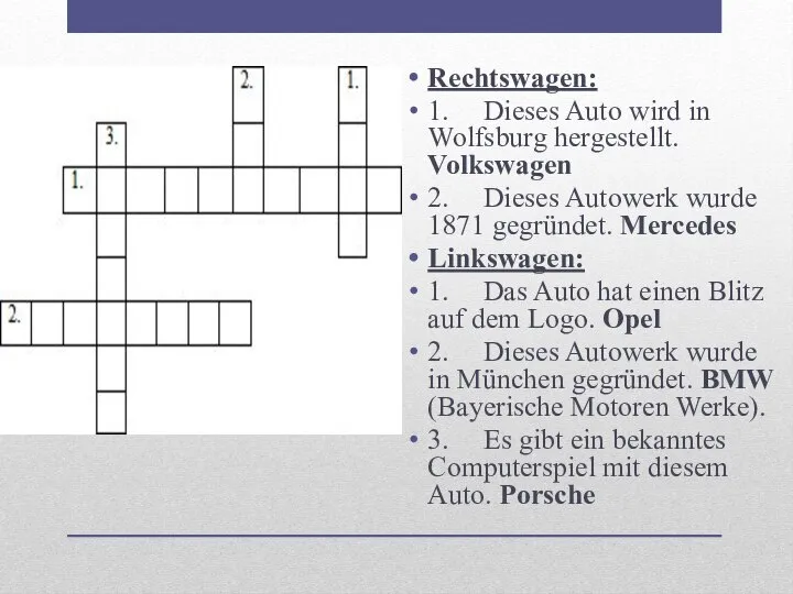 Rechtswagen: 1. Dieses Auto wird in Wolfsburg hergestellt. Volkswagen 2. Dieses