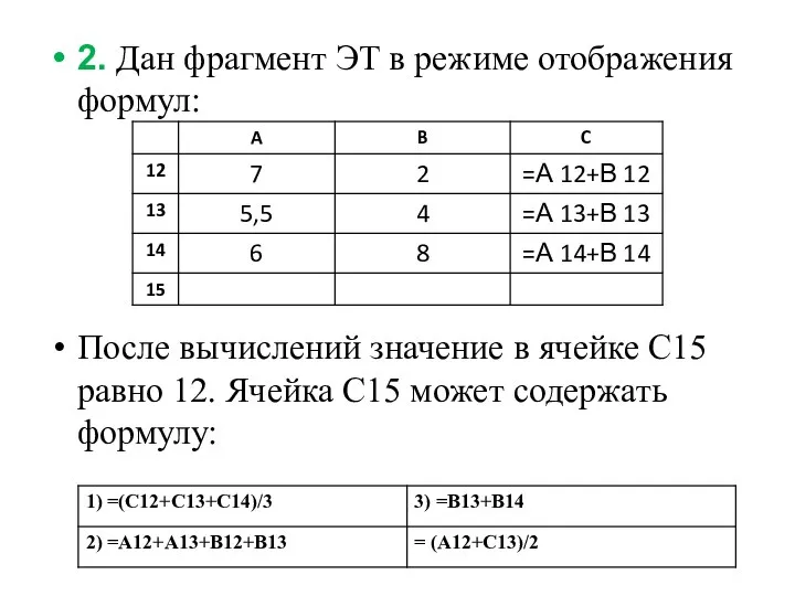 2. Дан фрагмент ЭТ в режиме отображения формул: После вычислений значение