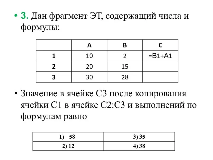 3. Дан фрагмент ЭТ, содержащий числа и формулы: Значение в ячейке