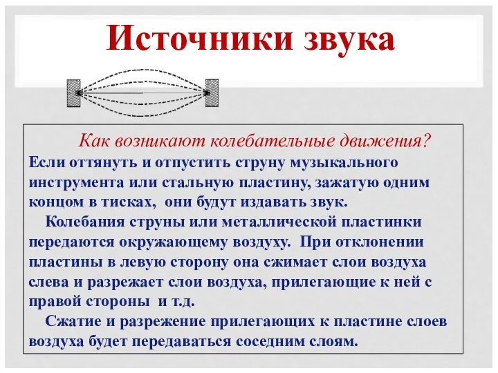 Источники звука Как возникают колебательные движения? Если оттянуть и отпустить струну