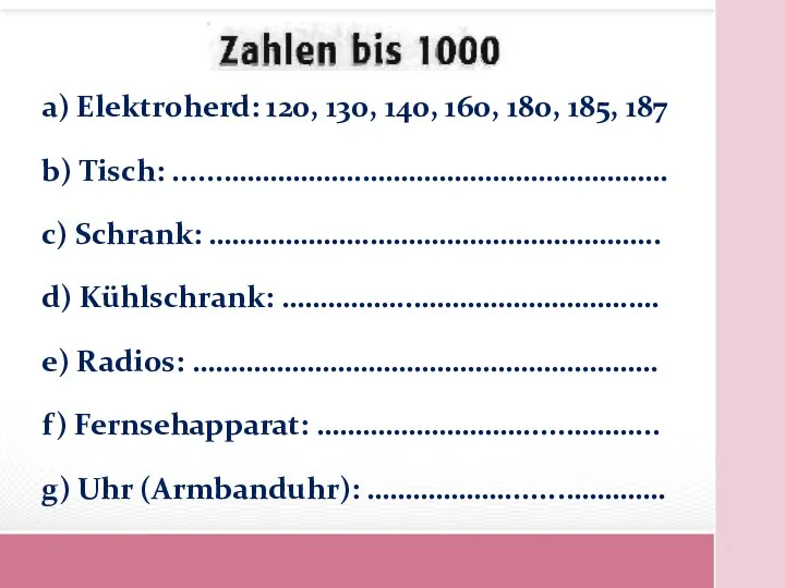 a) Elektroherd: 120, 130, 140, 160, 180, 185, 187 b) Tisch: