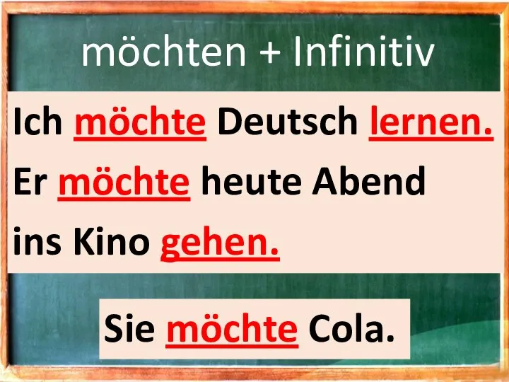 möchten + Infinitiv Ich möchte Deutsch lernen. Er möchte heute Abend