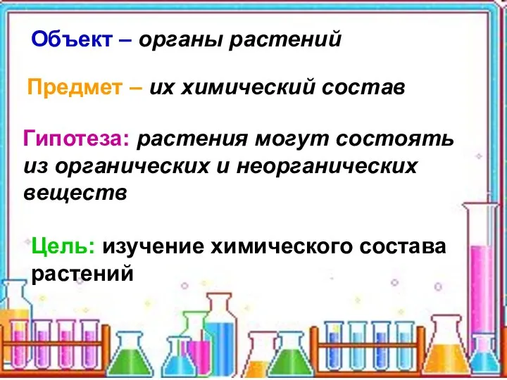 Объект – органы растений Предмет – их химический состав Гипотеза: растения