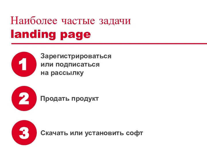 Наиболее частые задачи landing page Зарегистрироваться или подписаться на рассылку 1