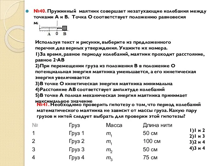 №40. Пружинный маятник совершает незатухающие колебания между точками А и В.