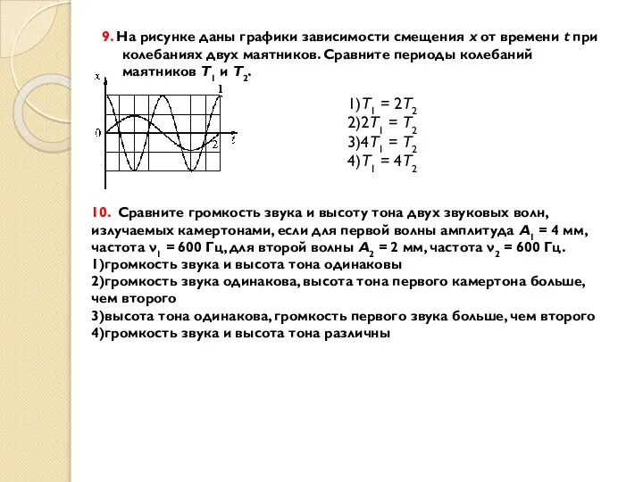 9. На рисунке даны графики зависимости смещения x от времени t