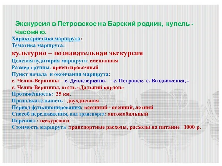 Экскурсия в Петровское на Барский родник, купель - часовню. Характеристика маршрута: