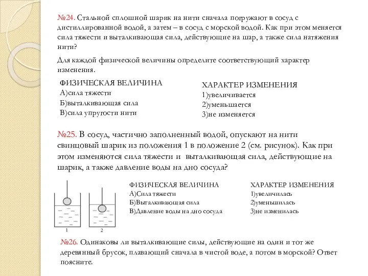 №24. Стальной сплошной шарик на нити сначала погружают в сосуд с