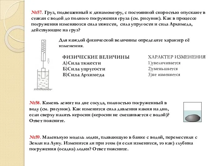 №57. Груз, подвешенный к динамометру, с постоянной скоростью опускают в стакан