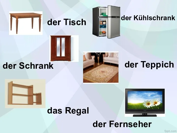 der Tisch der Schrank das Regal der Kühlschrank der Teppich der Fernseher