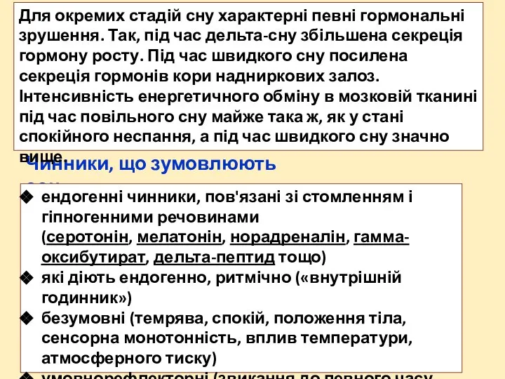 Чинники, що зумовлюють сон ендогенні чинники, пов'язані зі стомленням і гіпногенними