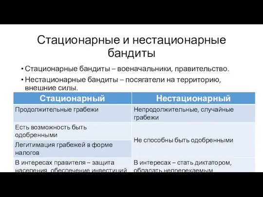 Стационарные и нестационарные бандиты Стационарные бандиты – военачальники, правительство. Нестационарные бандиты