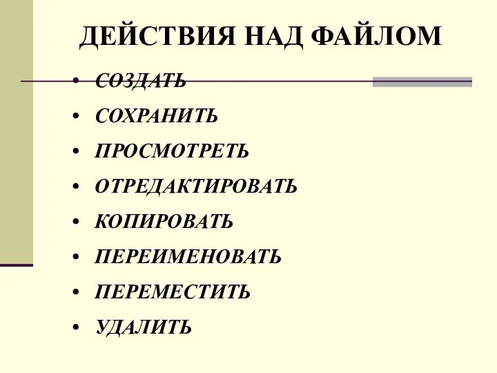 ДЕЙСТВИЯ НАД ФАЙЛОМ СОЗДАТЬ СОХРАНИТЬ ПРОСМОТРЕТЬ ОТРЕДАКТИРОВАТЬ КОПИРОВАТЬ ПЕРЕИМЕНОВАТЬ ПЕРЕМЕСТИТЬ УДАЛИТЬ