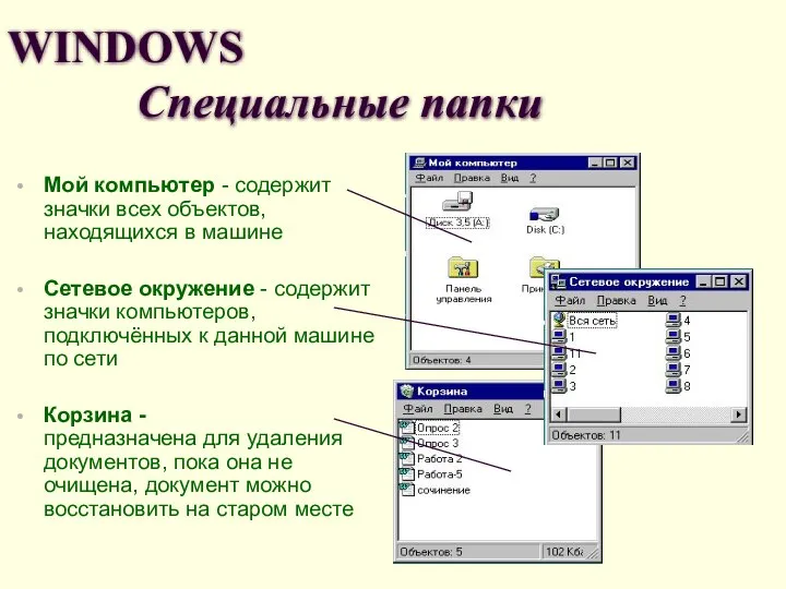 WINDOWS Специальные папки Мой компьютер - содержит значки всех объектов, находящихся