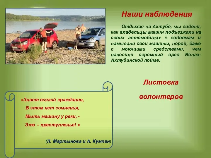 Наши наблюдения Отдыхая на Ахтубе, мы видели, как владельцы машин подъезжали