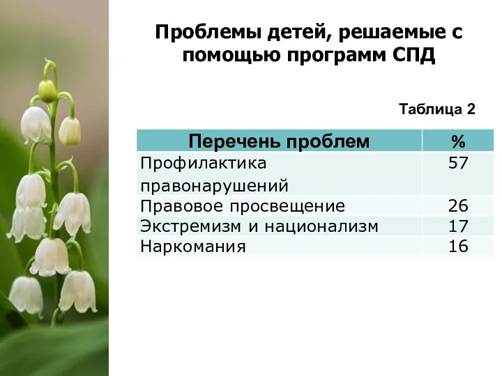 Таблица 2 Проблемы детей, решаемые с помощью программ СПД