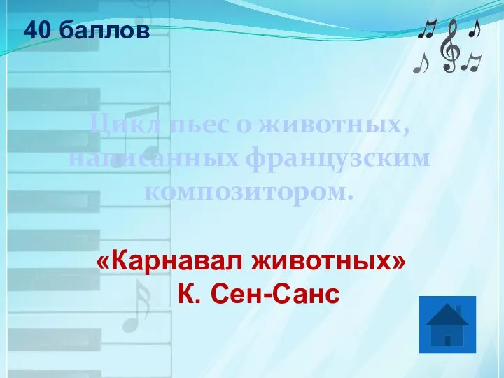 40 баллов Цикл пьес о животных, написанных французским композитором. «Карнавал животных» К. Сен-Санс