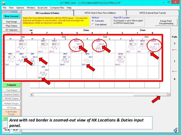 Area with red border is zoomed-out view of HX Locations & Duties input panel.