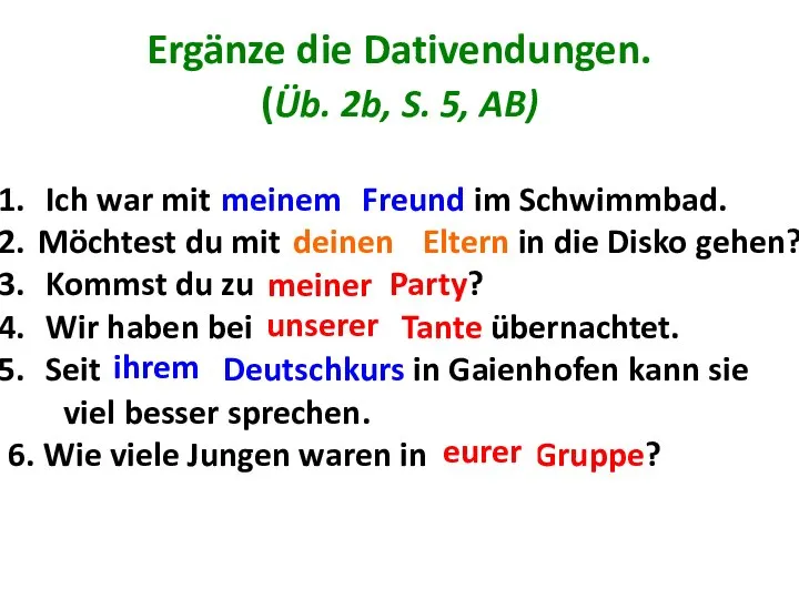 Ergänze die Dativendungen. (Üb. 2b, S. 5, AB) Ich war mit