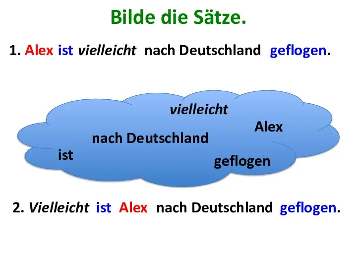 Bilde die Sätze. ist vielleicht geflogen nach Deutschland Alex 1. Alex