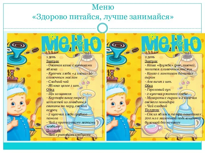 Меню «Здорово питайся, лучше занимайся» 2 день Завтрак - Каша «дружба»