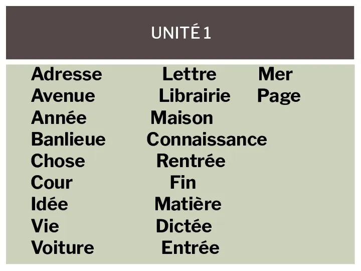 UNITÉ 1 Adresse Lettre Mer Avenue Librairie Page Année Maison Banlieue