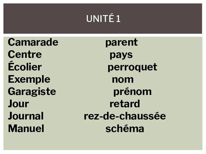 UNITÉ 1 Camarade parent Centre pays Écolier perroquet Exemple nom Garagiste